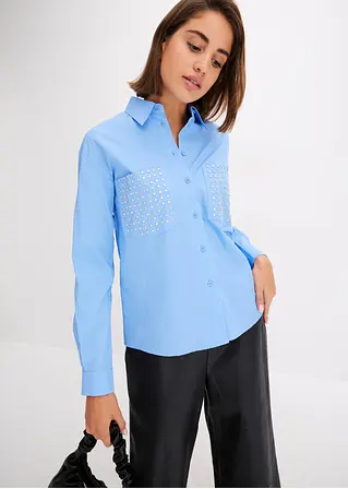 Bonprix Lässige Bluse Mit Aufgesetzten Taschen Und Nieten - Blau - Damen