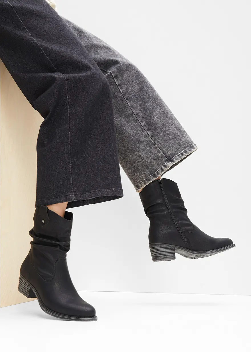 Bonprix Lässige Rieker Cowboy Stiefelette Mit Raffung - Schwarz