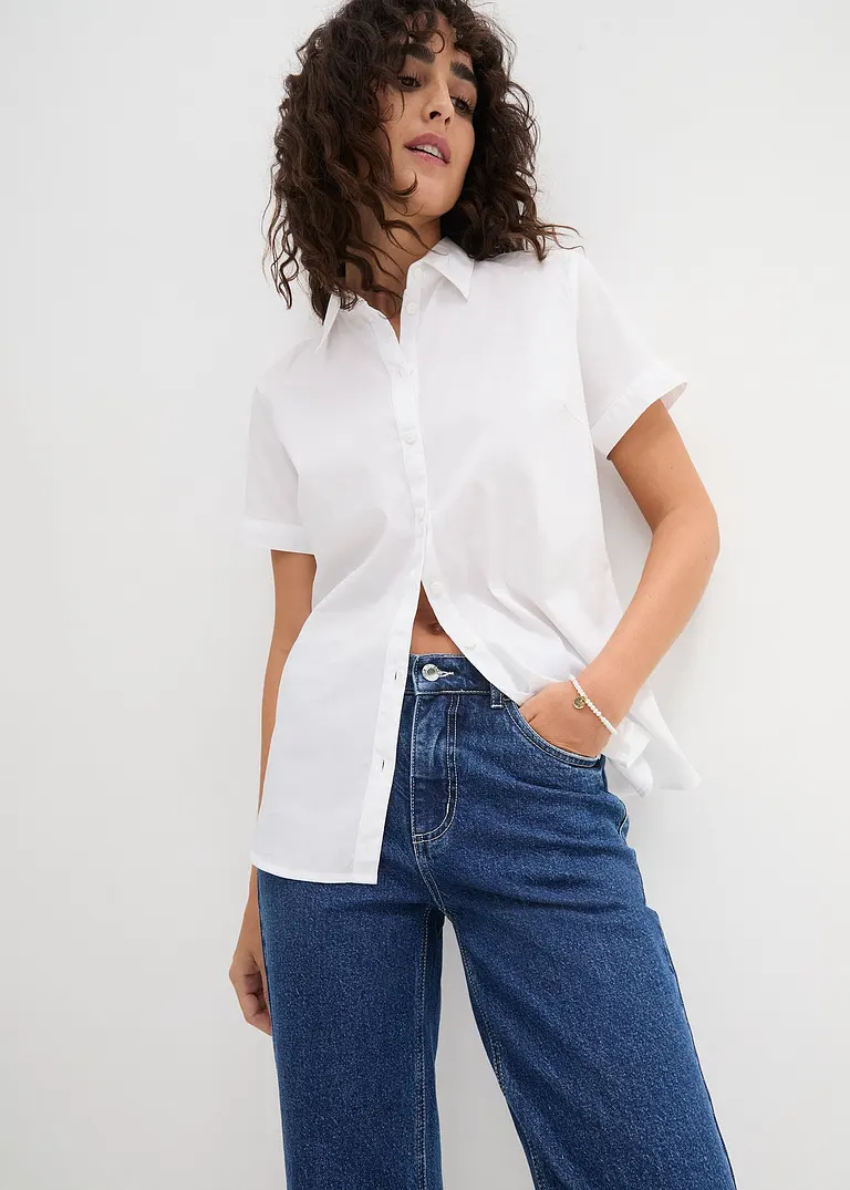 Bonprix Lässige Stretch-Bluse Mit Kurzem Arm - Weiß Regular