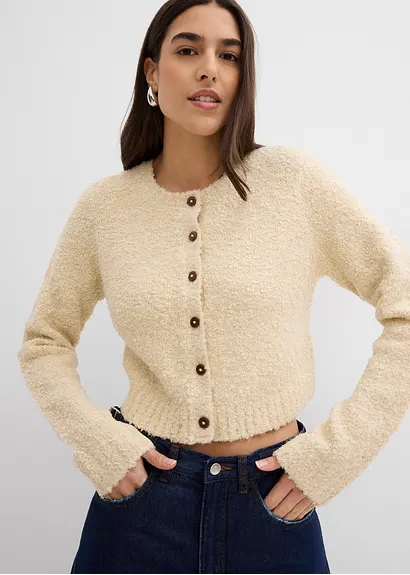 Bonprix Lässige Strickjacke Mit Knopfleiste Kurz Geschnitten - Beige