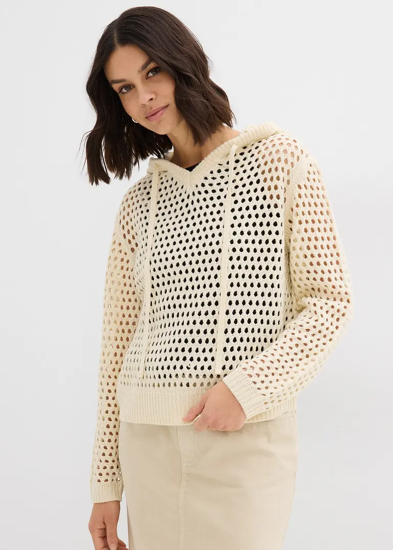Bonprix Lässiger Ajour-Pullover Mit Kapuze Und Lochmuster - Beige - Damen