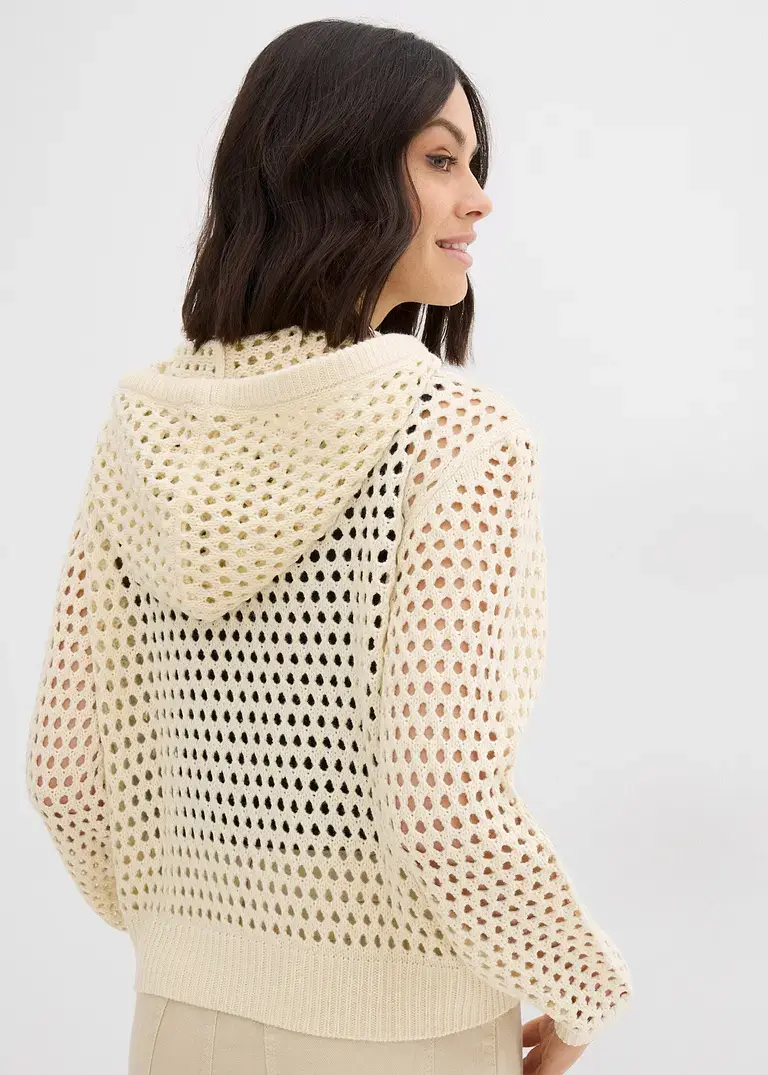 Bonprix Lässiger Ajour-Pullover Mit Kapuze Und Lochmuster - Beige - Damen
