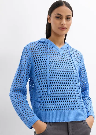 Bonprix Lässiger Ajour-Pullover Mit Kapuze Und Lochmuster - Blau - Damen