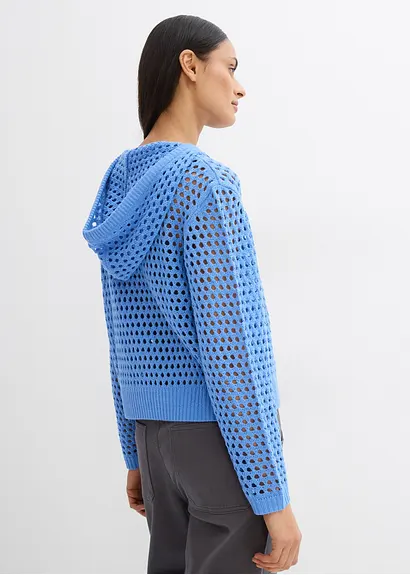 Bonprix Lässiger Ajour-Pullover Mit Kapuze Und Lochmuster - Blau - Damen