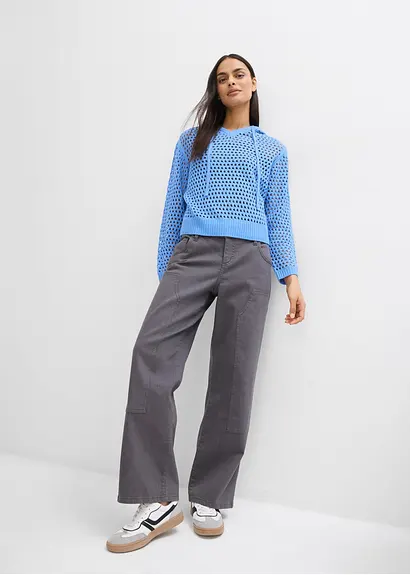 Bonprix Lässiger Ajour-Pullover Mit Kapuze Und Lochmuster - Blau - Damen