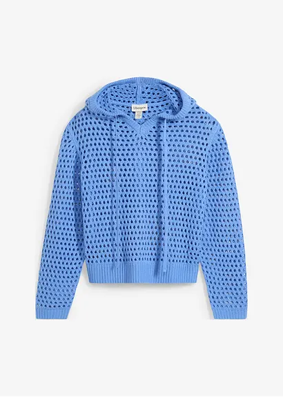 bonprix Lässiger Ajour-Pullover mit Kapuze und Lochmuster - blau - Damen