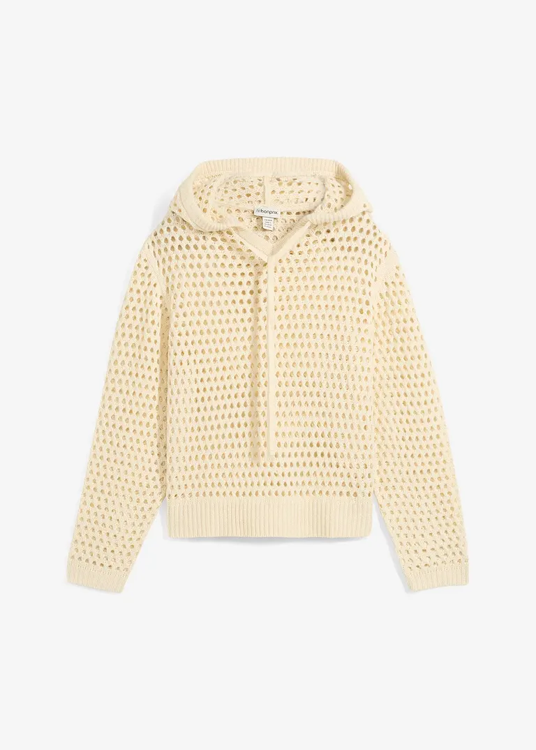 bonprix Lässiger Ajour-Pullover mit Kapuze und Lochmuster - beige - Damen