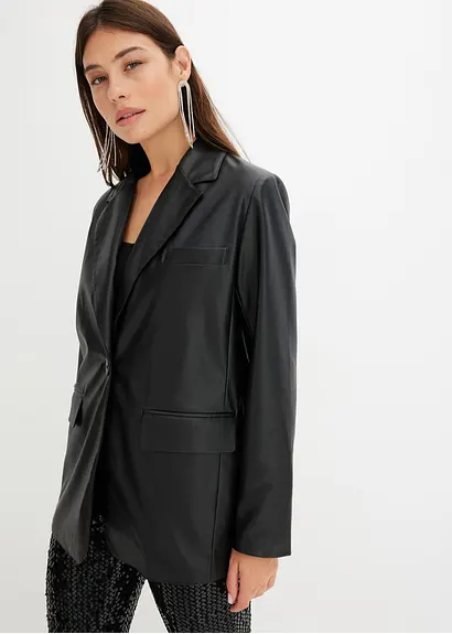 Bonprix Lässiger Blazer Aus Lederimitat - Schwarz - Damen