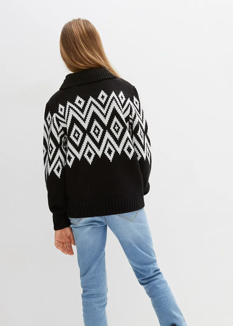 Bonprix Lässiger Mädchen Strickpullover Mit Norwegermuster - Schwarz