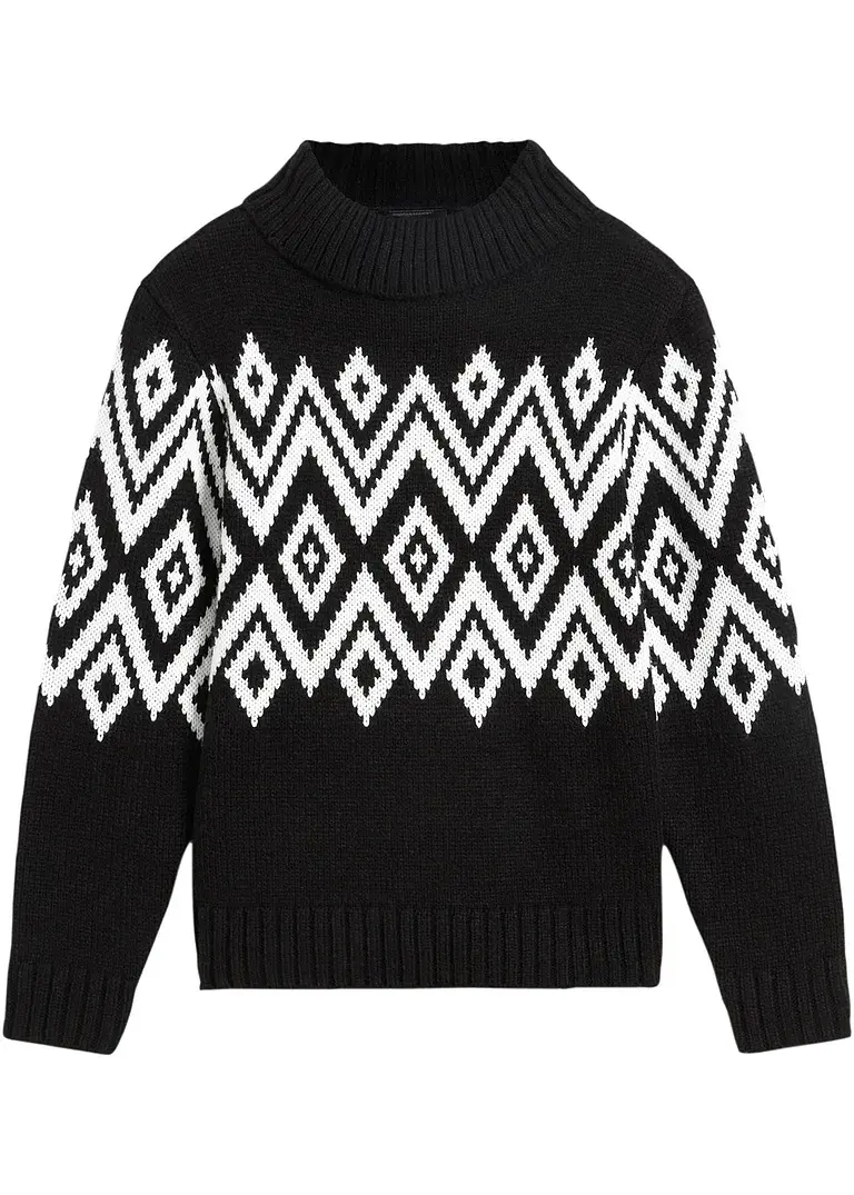 Bonprix Lässiger Mädchen Strickpullover Mit Norwegermuster - Schwarz