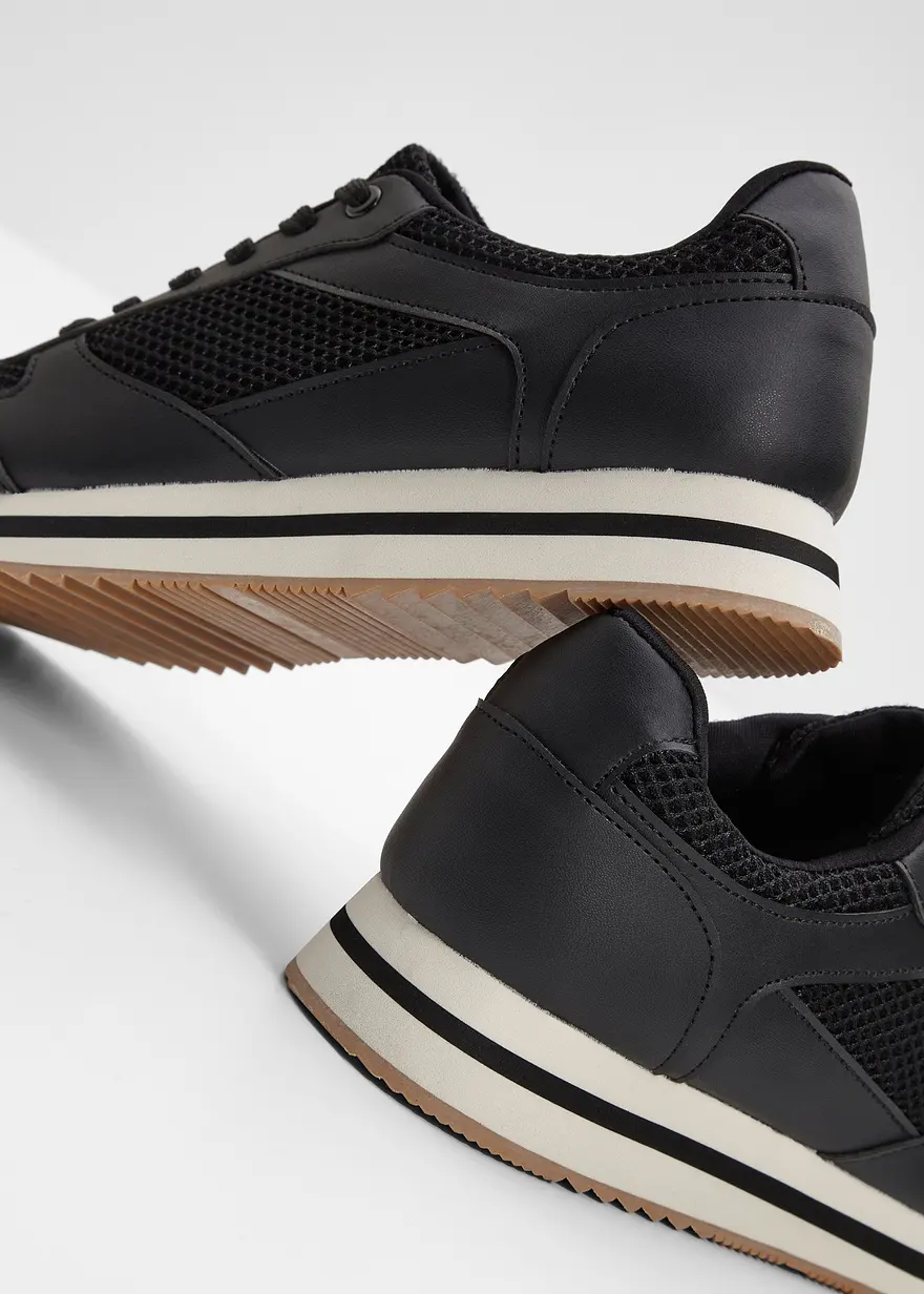 Bonprix Lässiger Plateau Sneaker Mit Materialmix - Schwarz