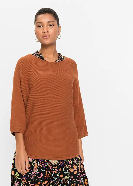 Bonprix Lässiger Ripp-Pullover Mit 3/4-Arm - Braun - Damen