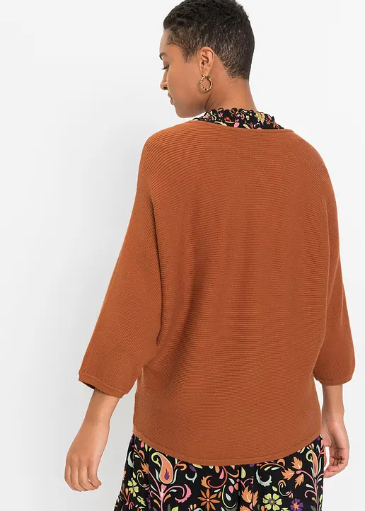 Bonprix Lässiger Ripp-Pullover Mit 3/4-Arm - Braun - Damen