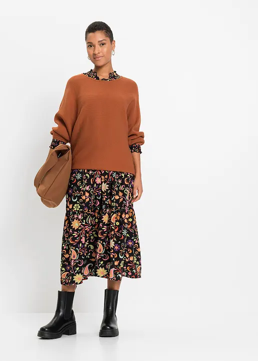 Bonprix Lässiger Ripp-Pullover Mit 3/4-Arm - Braun - Damen