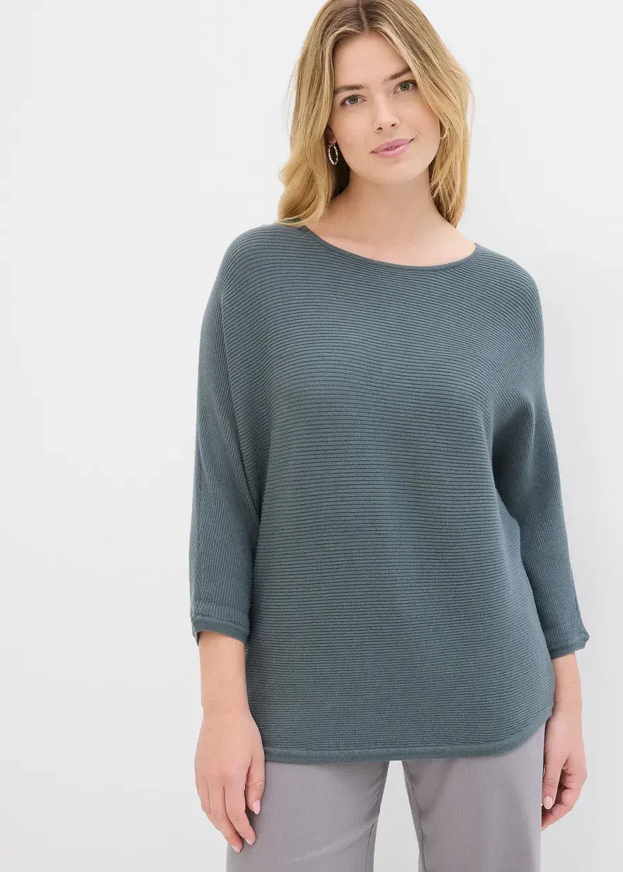 Bonprix Lässiger Ripp-Pullover Mit 3/4-Arm - Grün - Damen