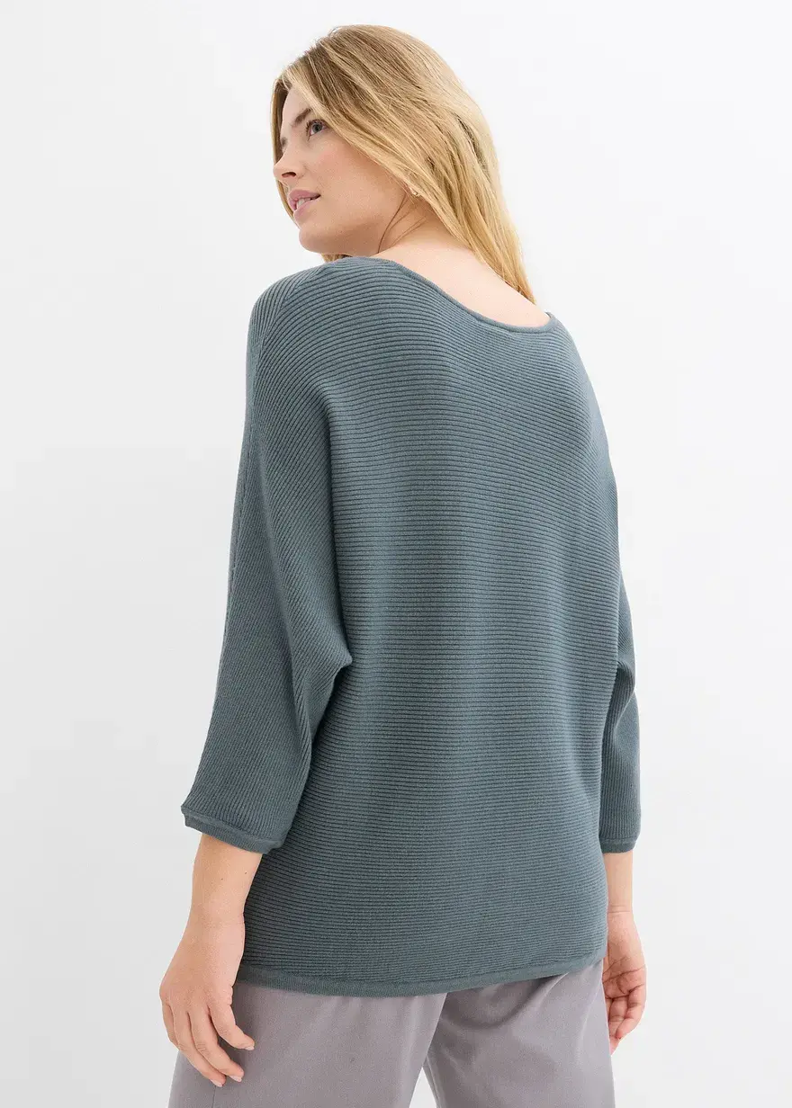 Bonprix Lässiger Ripp-Pullover Mit 3/4-Arm - Grün - Damen