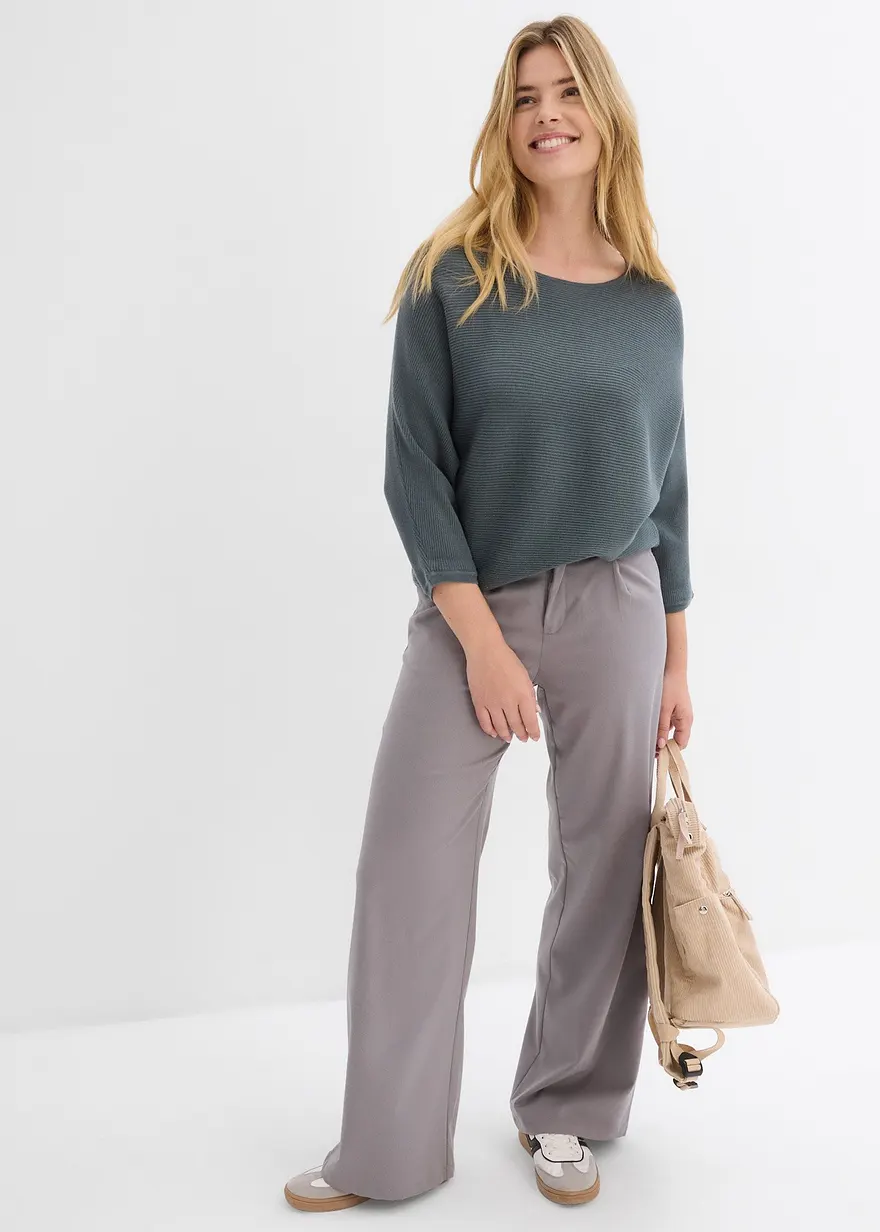Bonprix Lässiger Ripp-Pullover Mit 3/4-Arm - Grün - Damen