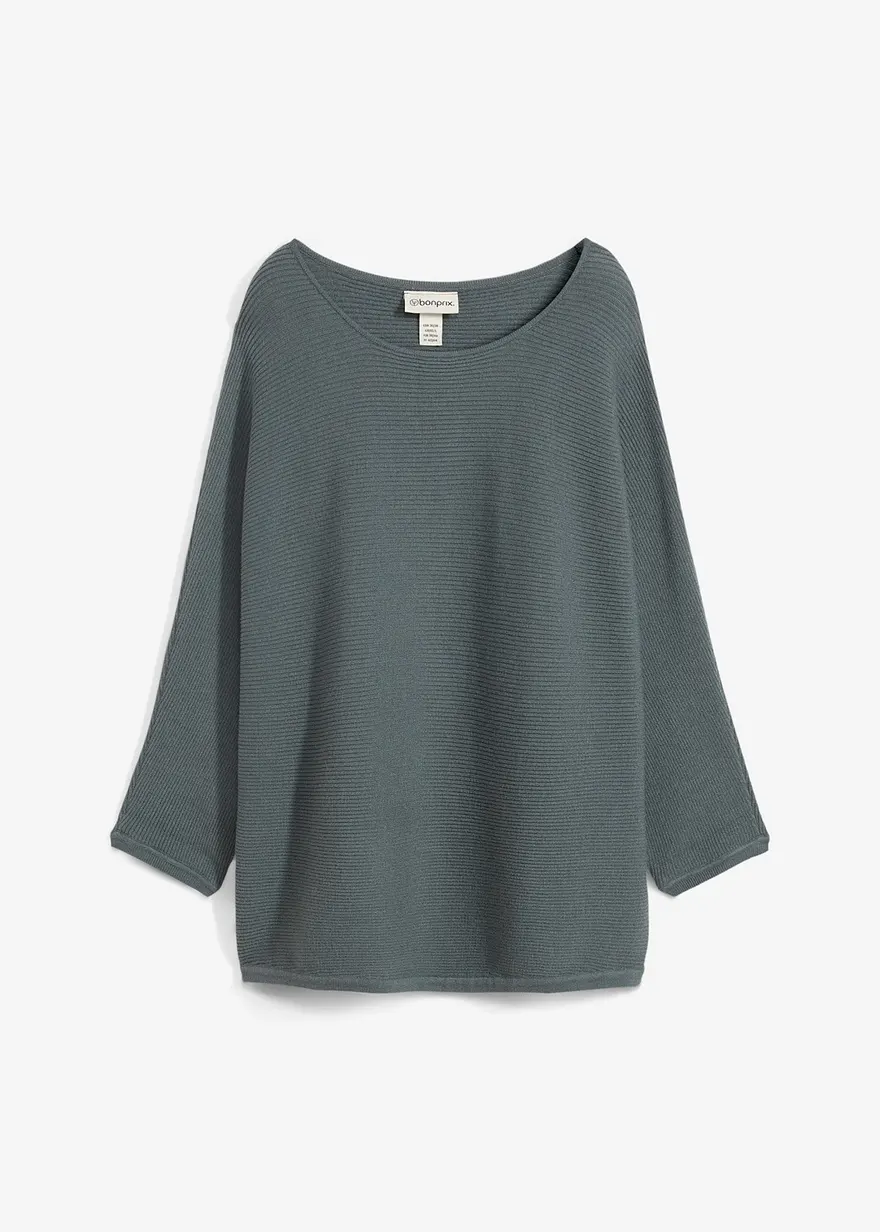bonprix Lässiger Ripp-Pullover mit 3/4-Arm - grün - Damen