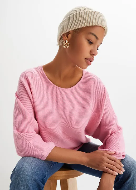 Bonprix Lässiger Ripp-Pullover Mit 3/4-Arm - Rosa - Damen