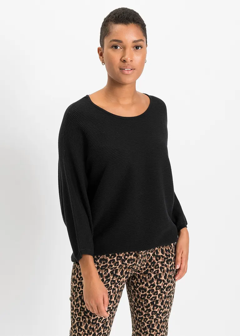 Bonprix Lässiger Ripp-Pullover Mit 3/4-Arm - Schwarz - Damen