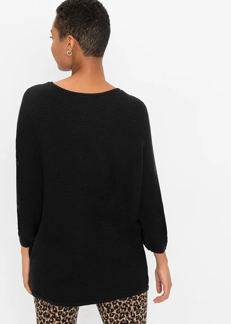 Bonprix Lässiger Ripp-Pullover Mit 3/4-Arm - Schwarz - Damen