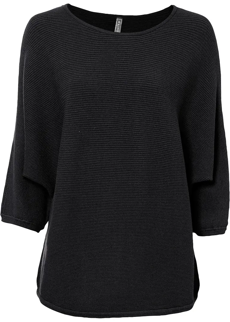 bonprix Lässiger Ripp-Pullover mit 3/4-Arm - schwarz - Damen