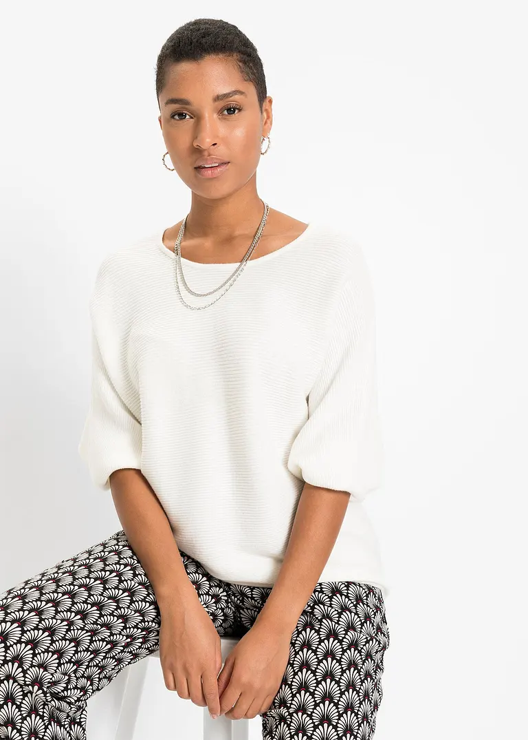 Bonprix Lässiger Ripp-Pullover Mit 3/4-Arm - Weiß - Damen