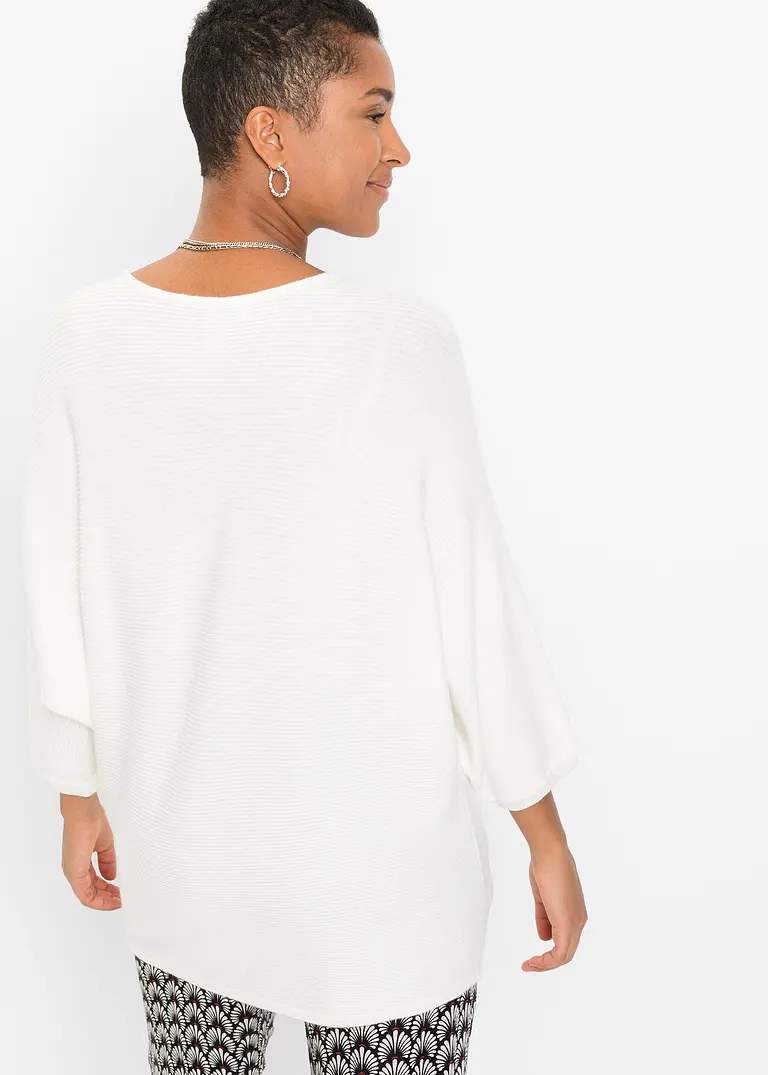Bonprix Lässiger Ripp-Pullover Mit 3/4-Arm - Weiß - Damen