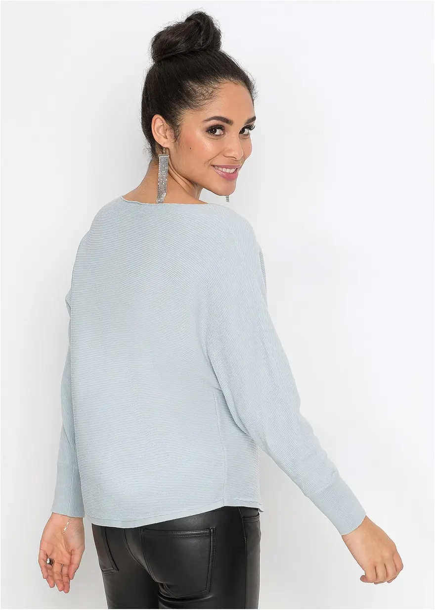 Bonprix Lässiger Ripp-Pullover Mit Weitem Ausschnitt - Blau