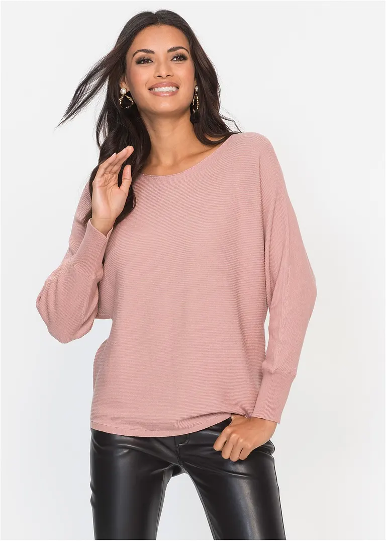 Bonprix Lässiger Ripp-Pullover Mit Weitem Ausschnitt - Rosa
