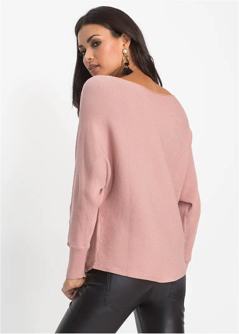 Bonprix Lässiger Ripp-Pullover Mit Weitem Ausschnitt - Rosa