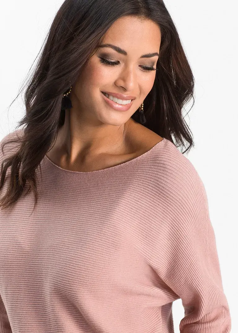 Bonprix Lässiger Ripp-Pullover Mit Weitem Ausschnitt - Rosa