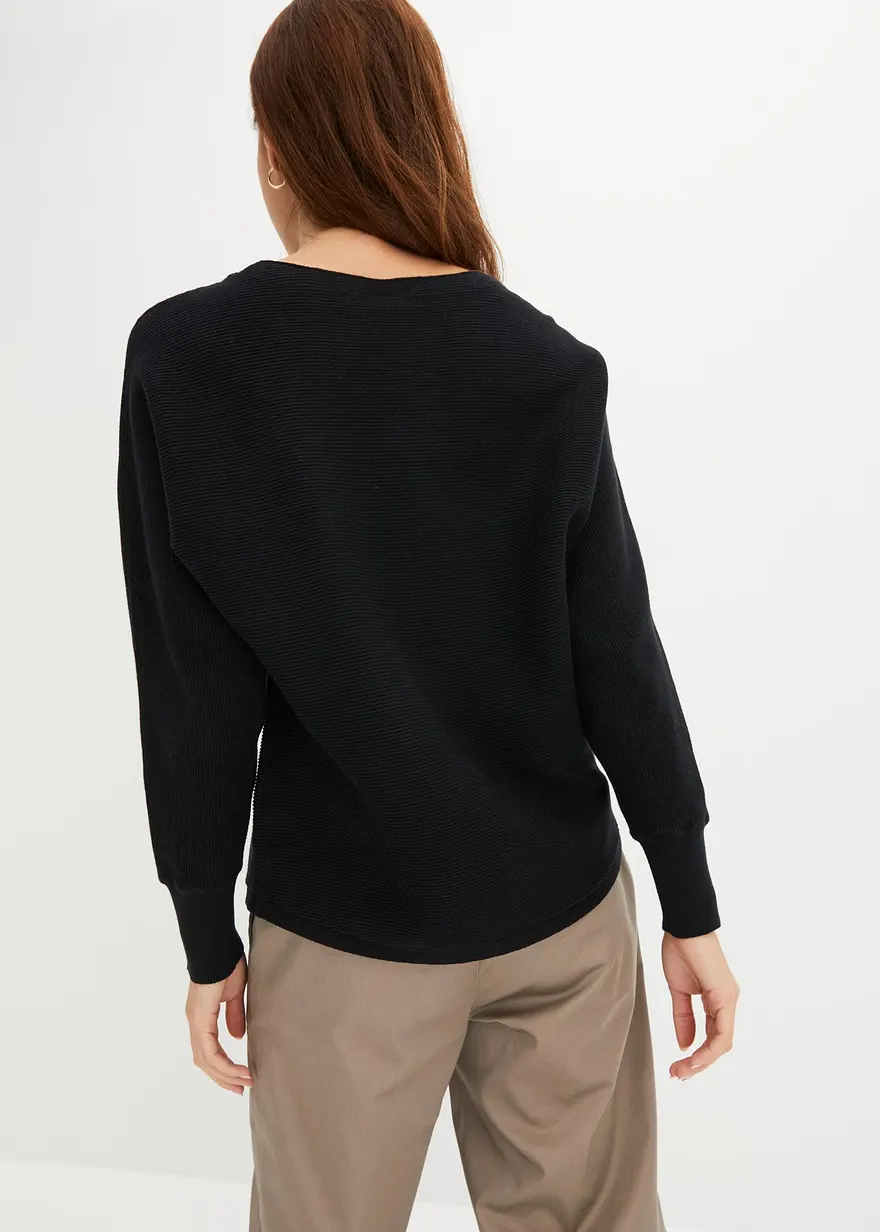 Bonprix Lässiger Ripp-Pullover Mit Weitem Ausschnitt - Schwarz