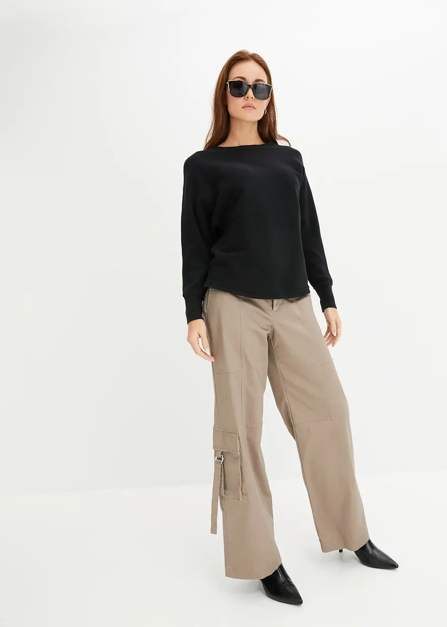 Bonprix Lässiger Ripp-Pullover Mit Weitem Ausschnitt - Schwarz