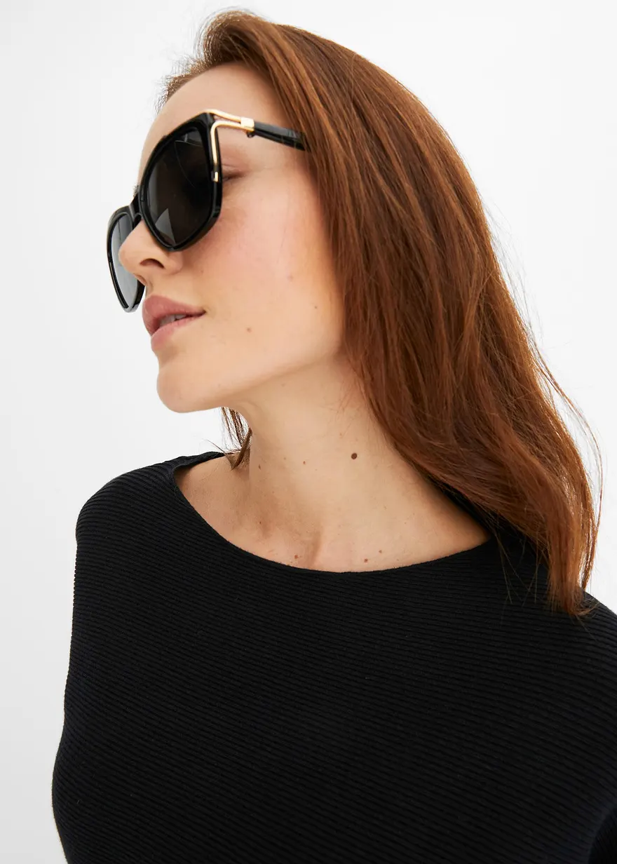 Bonprix Lässiger Ripp-Pullover Mit Weitem Ausschnitt - Schwarz