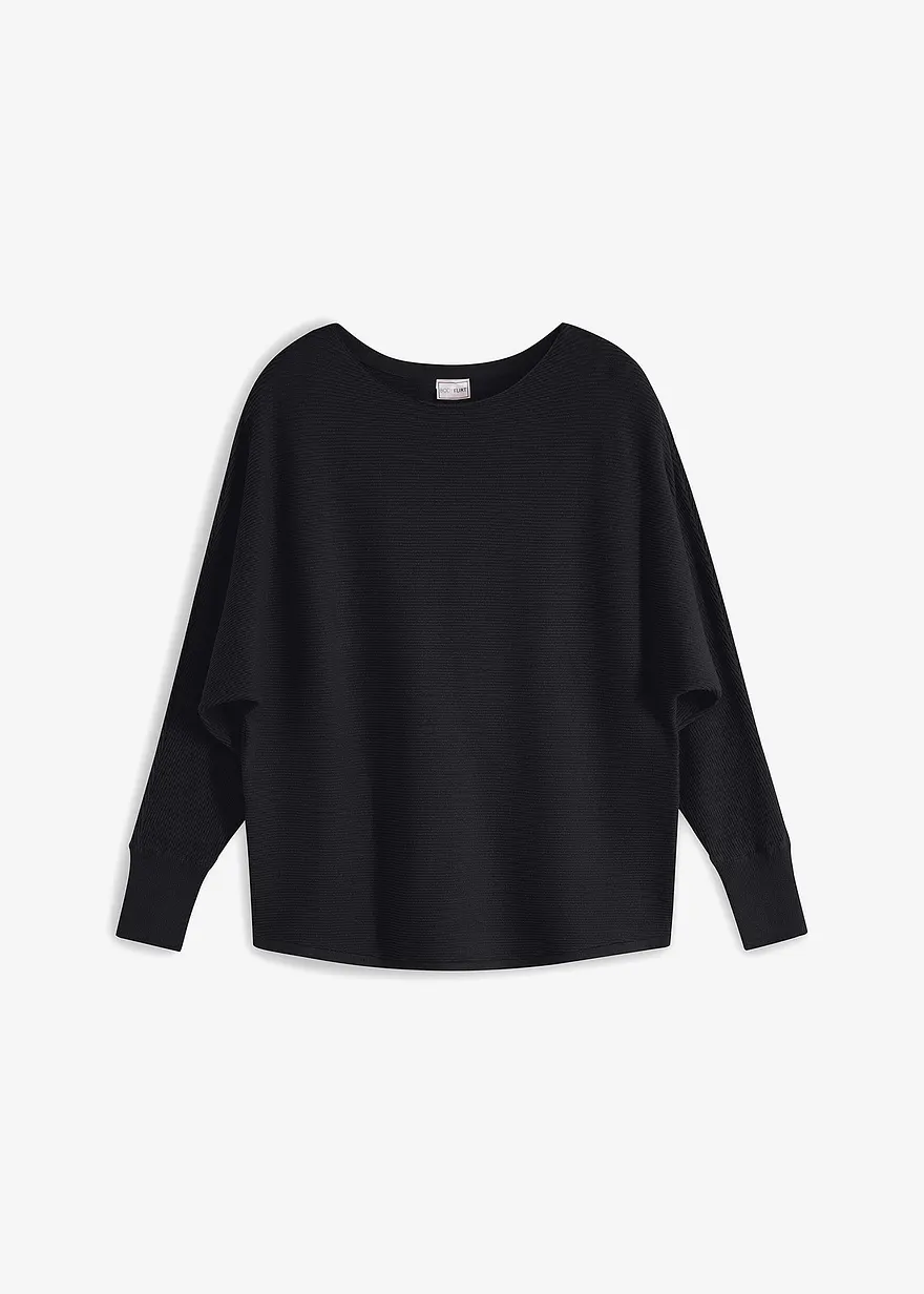bonprix Lässiger Ripp-Pullover mit weitem Ausschnitt - schwarz