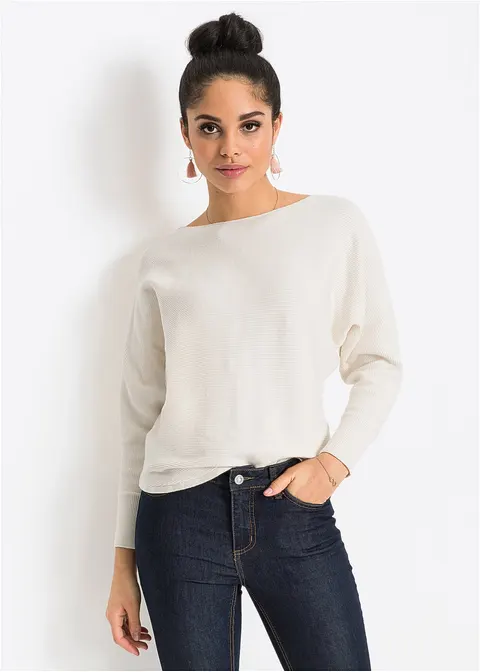 Bonprix Lässiger Ripp-Pullover Mit Weitem Ausschnitt - Weiß
