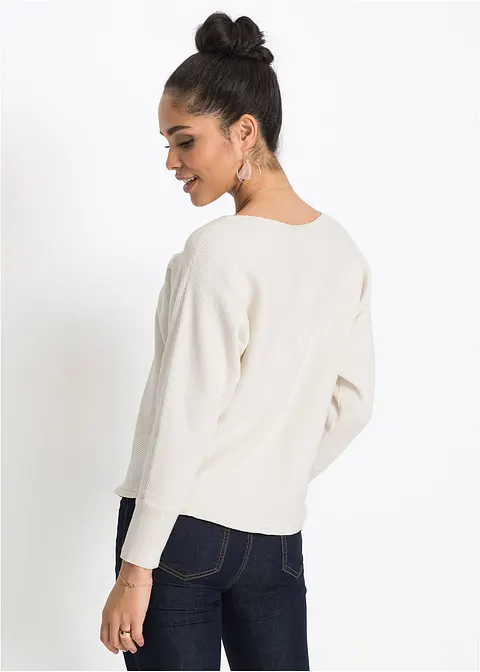 Bonprix Lässiger Ripp-Pullover Mit Weitem Ausschnitt - Weiß