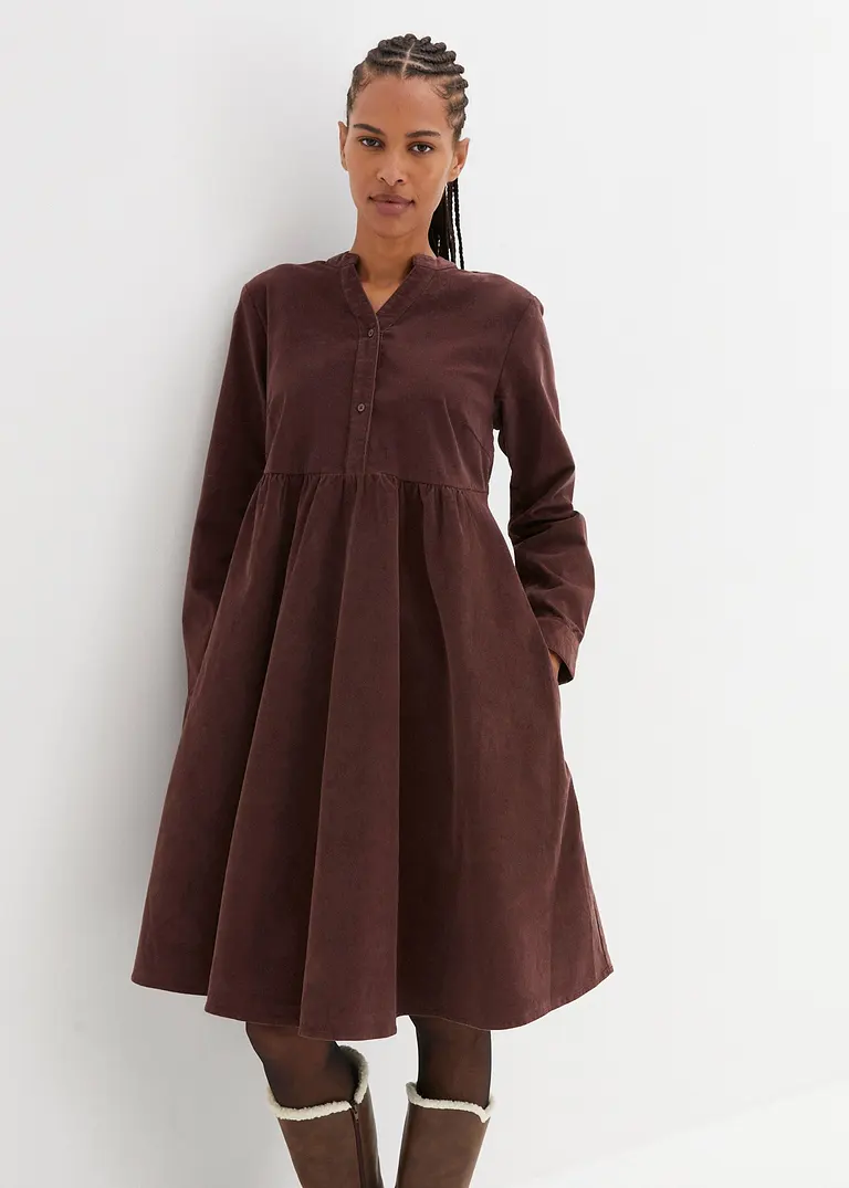 Bonprix Lässiges Baumwoll-Cord-Kleid Mit V-Ausschnitt - Braun