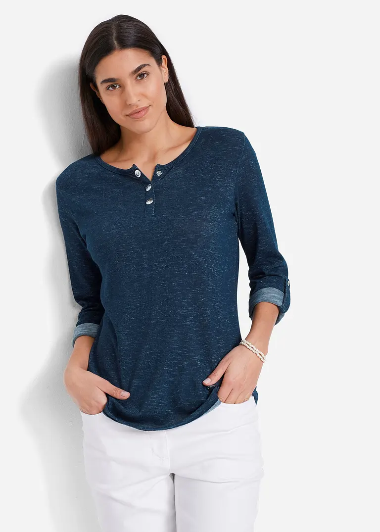 Bonprix Lässiges Henley-Shirt Mit Krempelbaren Ärmeln - Blau