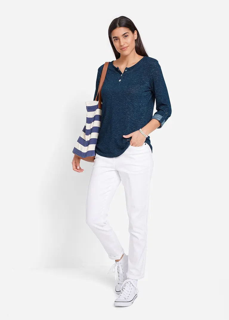 Bonprix Lässiges Henley-Shirt Mit Krempelbaren Ärmeln - Blau