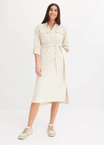 Bonprix Lässiges Kleid Mit Bindegürtel Und Langen Schlitzen - Beige
