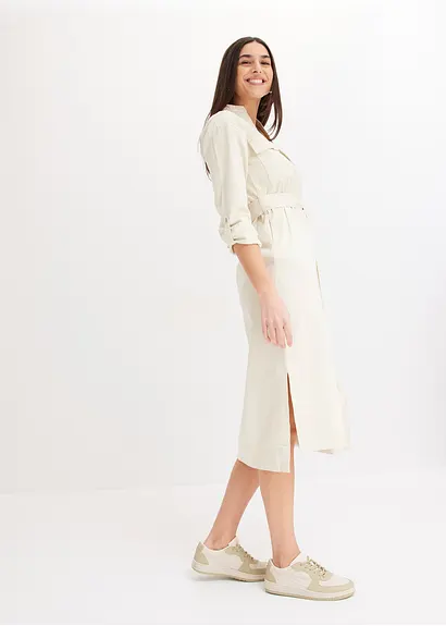 Bonprix Lässiges Kleid Mit Bindegürtel Und Langen Schlitzen - Beige