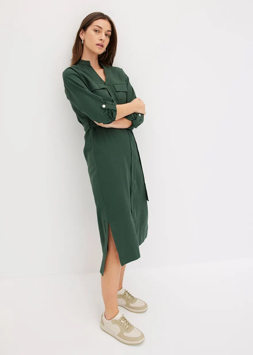 Bonprix Lässiges Kleid Mit Bindegürtel Und Langen Schlitzen - Grün
