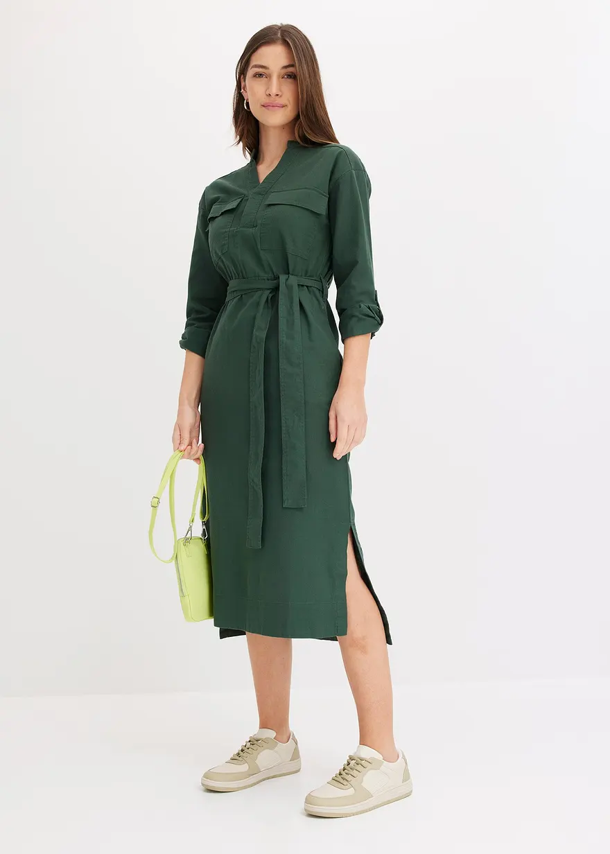 Bonprix Lässiges Kleid Mit Bindegürtel Und Langen Schlitzen - Grün