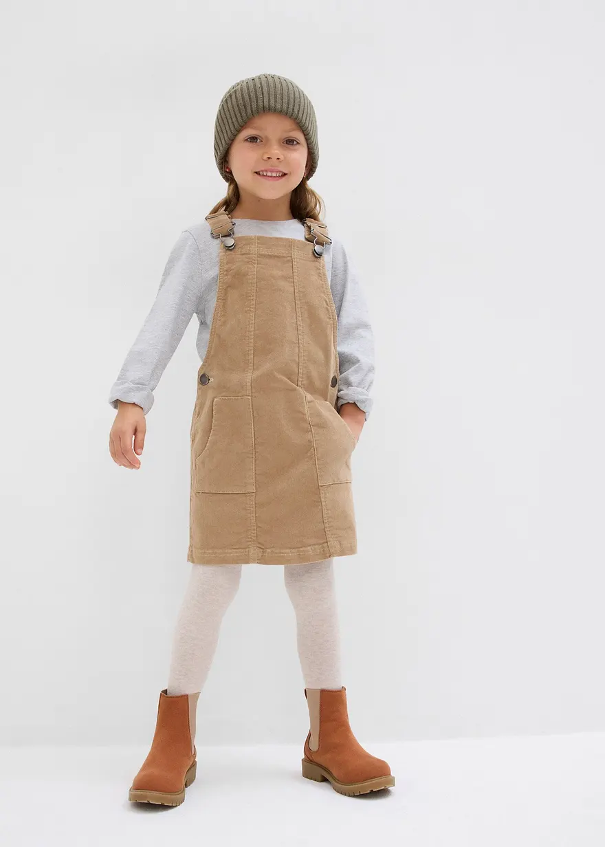 Bonprix Lässiges Mädchen Cord-Stretch-Latzkleid Mit Taschen - Beige