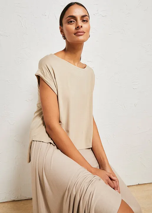 Bonprix Lässiges Oversize T-Shirt Aus Fließender Viskose - Beige - Damen