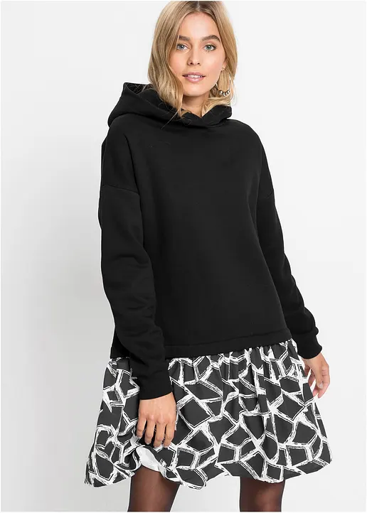 Bonprix Lässiges Sweatkleid In 2-1 Optik Mit Kapuze - Schwarz
