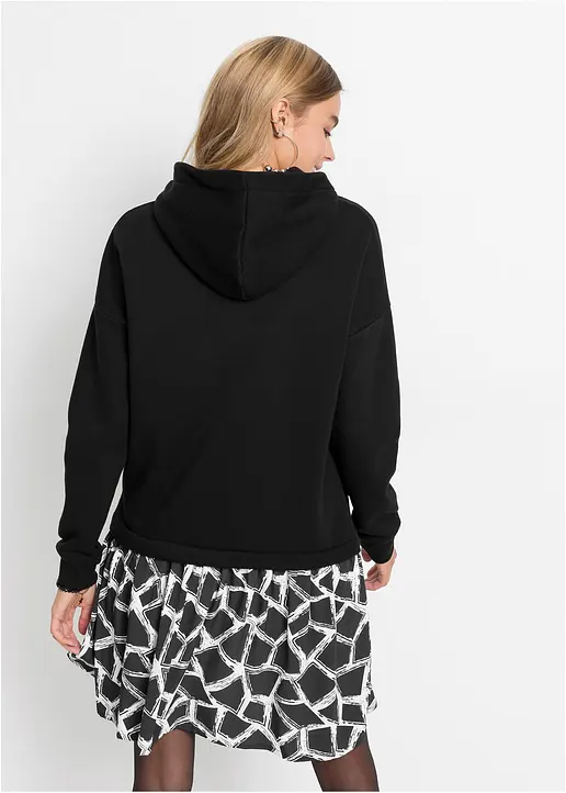 Bonprix Lässiges Sweatkleid In 2-1 Optik Mit Kapuze - Schwarz