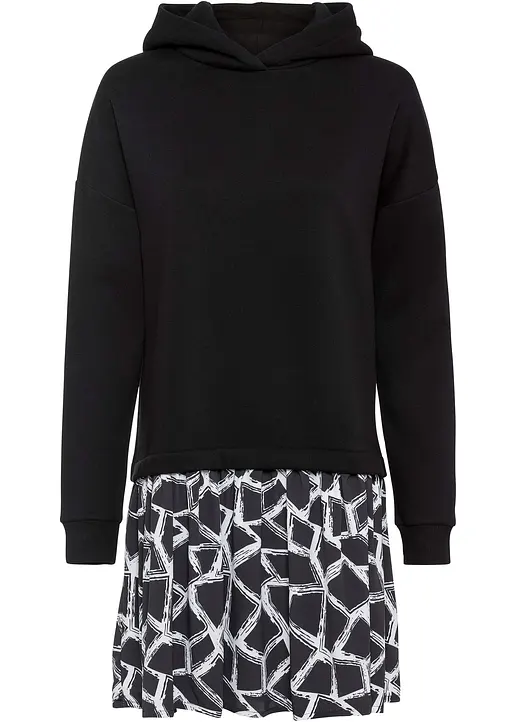 bonprix Lässiges Sweatkleid in 2-1 Optik mit Kapuze - schwarz